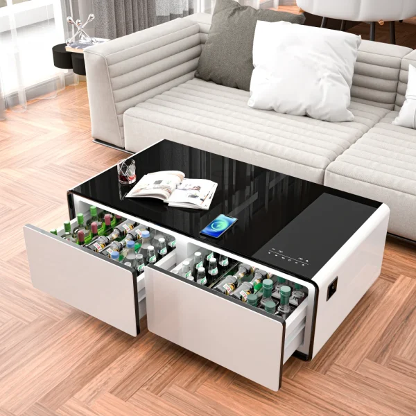 Smart Coffee Table with Fridge, Bluetooth Speaker
