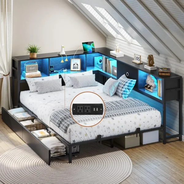 Corner Bed Frame with Bookcase Storage and Led Lights