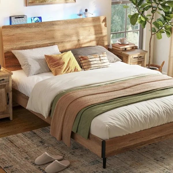 Wood Bed Frame, Queen Bed Frame with Headboard LED