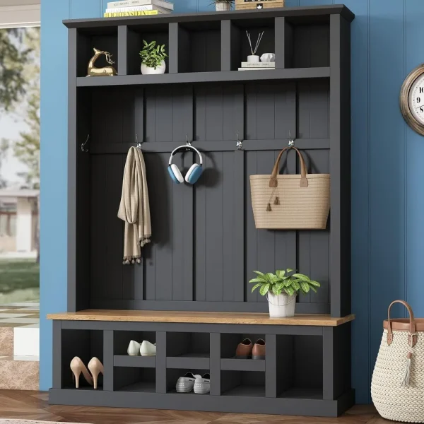Wide Hall Tree with Bench and Shoe Storage for Entryway, 78''H