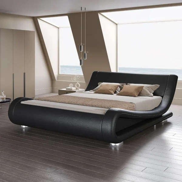 Queen Size Bed Frame with Faux Leather Ergonomics Headboard