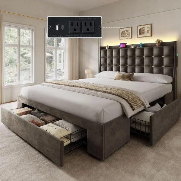 Queen Size Bed Frame with 3 Storage Drawers