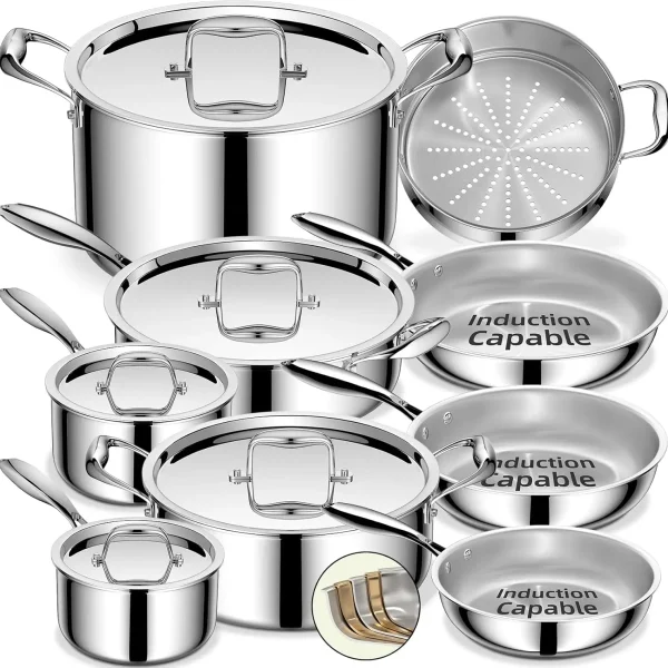 Stainless Steel Cookware Set, 5 Ply 14 Piece Stainless Steel