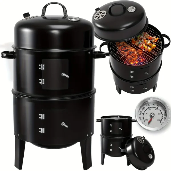3-in-1 BBQ Smoker Grill with Chimney Multi-function Detachable Outdoor Cooking Oven with Thermometer Camping Outdoor Party Grill