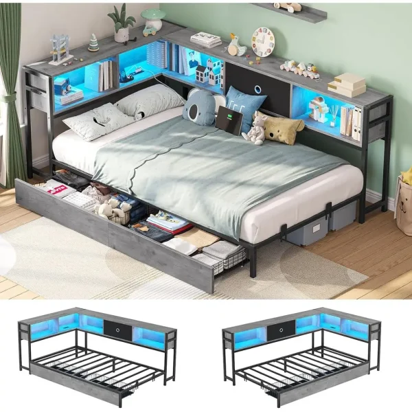 Twin Metal Corner Bed Frame with Storage
