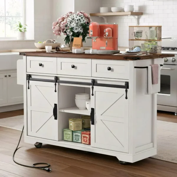 Kitchen Island on Wheels with Drop Leaf & Power Outlet