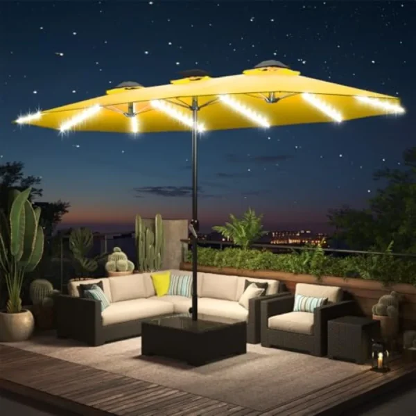 15ft Rectangular Patio Umbrella with Solar-Powered LED Lights
