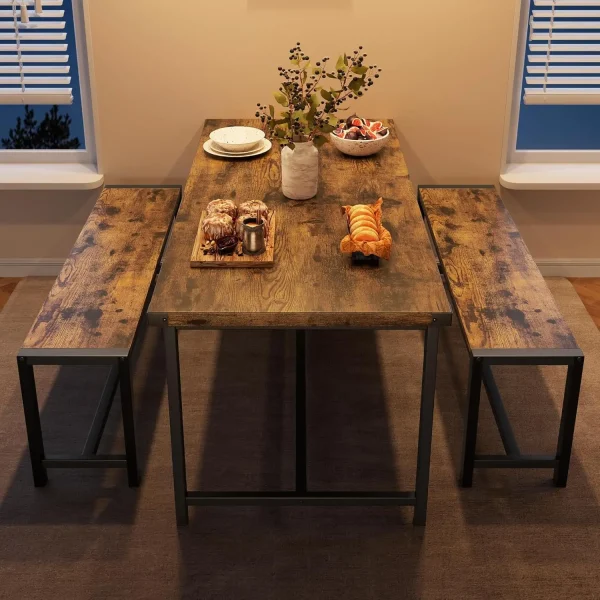 Dining Table Set for 4, Kitchen Table with 2 Metal Wood Benches