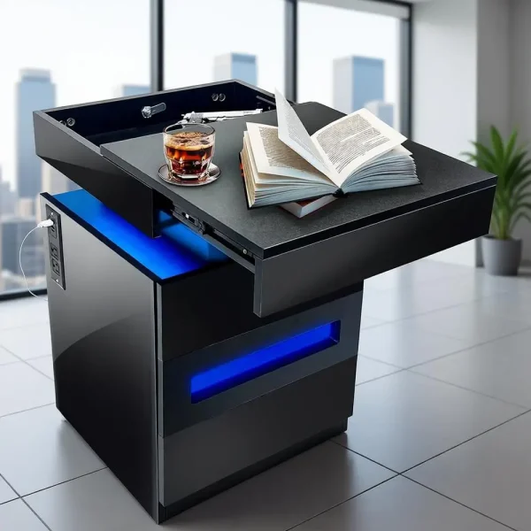 Night Stand with Gun Drawer, Modern Nightstand with Led Lights