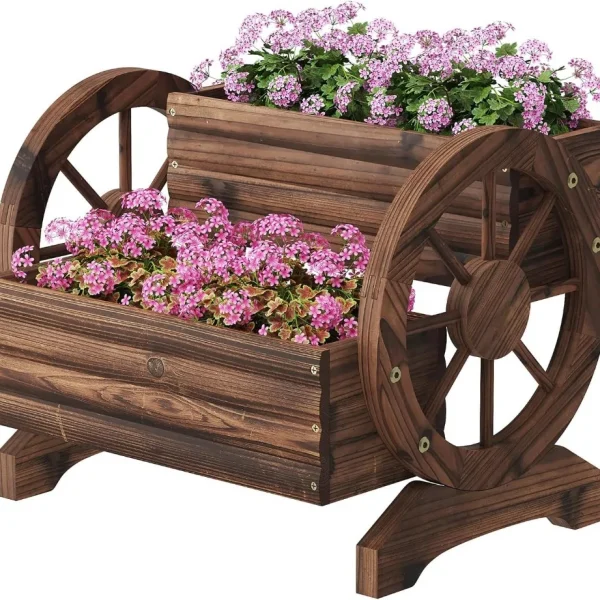 Wooden Flower Cart with Wheels, Wagon Planter for Outdoor