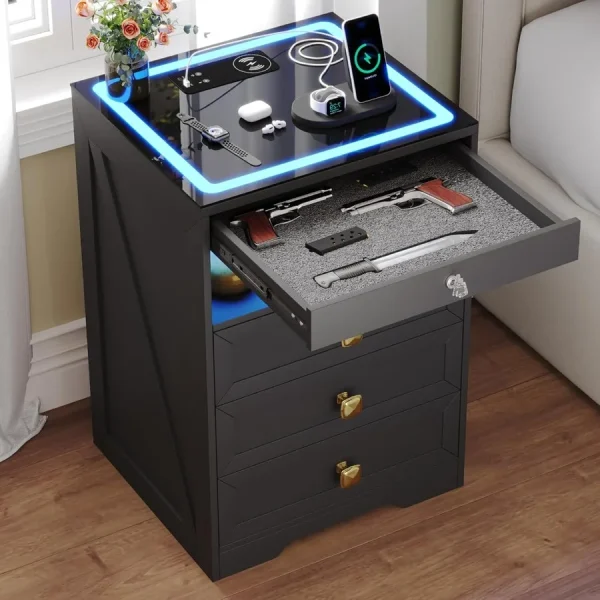 Nightstand with lockable gun drawer builtin charging station