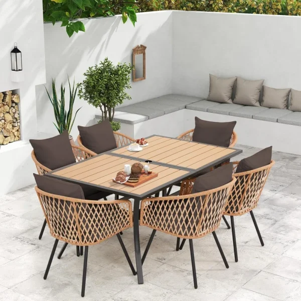 7-Piece All-Weather Rattan Patio Dining Set with 60" Wood Table
